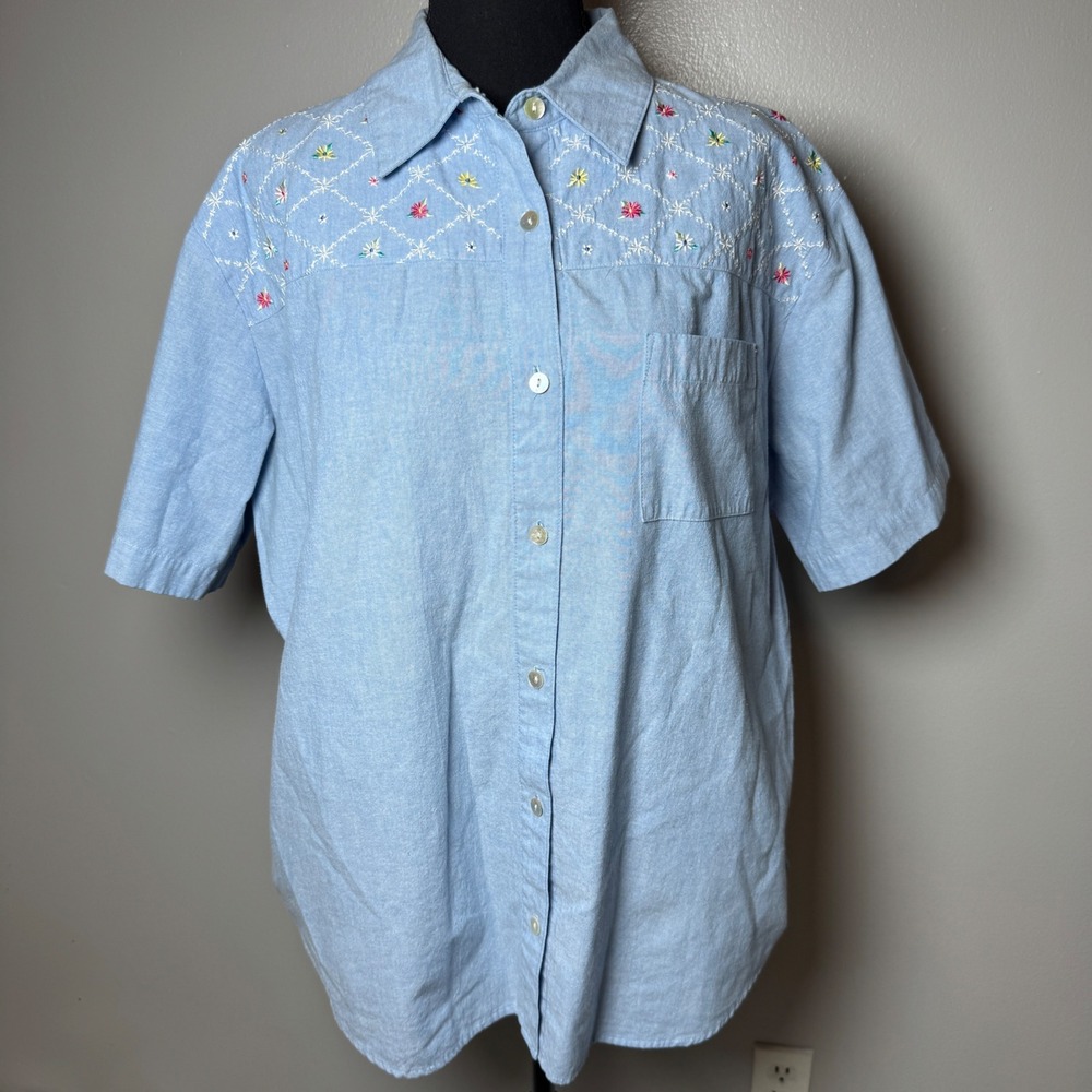 Jantzen Classics Blue Embroidered Floral Short Sleeve Button Down Shirt XL